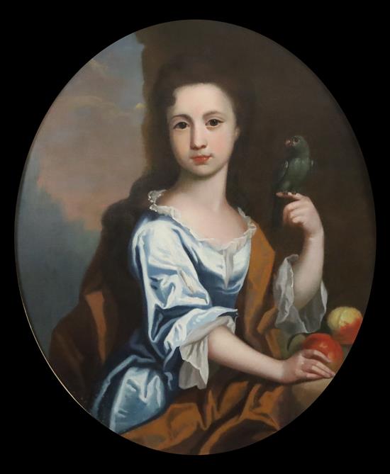 Early 18th century English School Portrait of a young lady with a parrot and peaches oval, 29 x 24in.